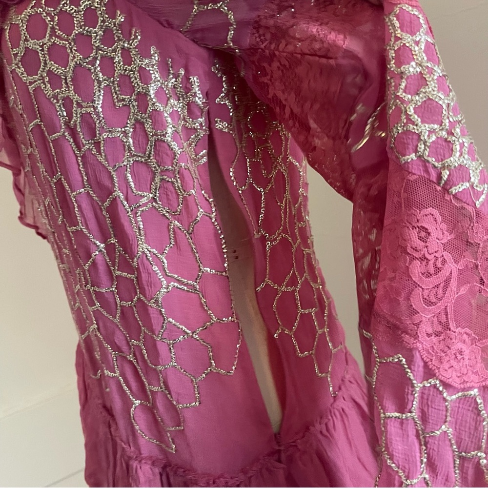 NWT LoveShackFancy Pink and Gold Ruffle Angora Mini Dress - Picture 8 of 10
